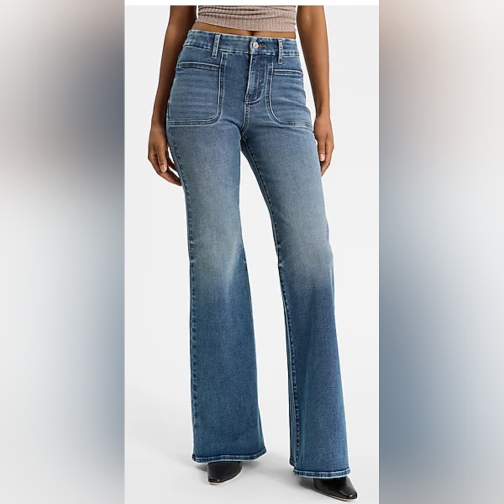 Express Women's Mid Rise Medium Wash FlexX '70s Flare Jeans - Picture 9 of 15